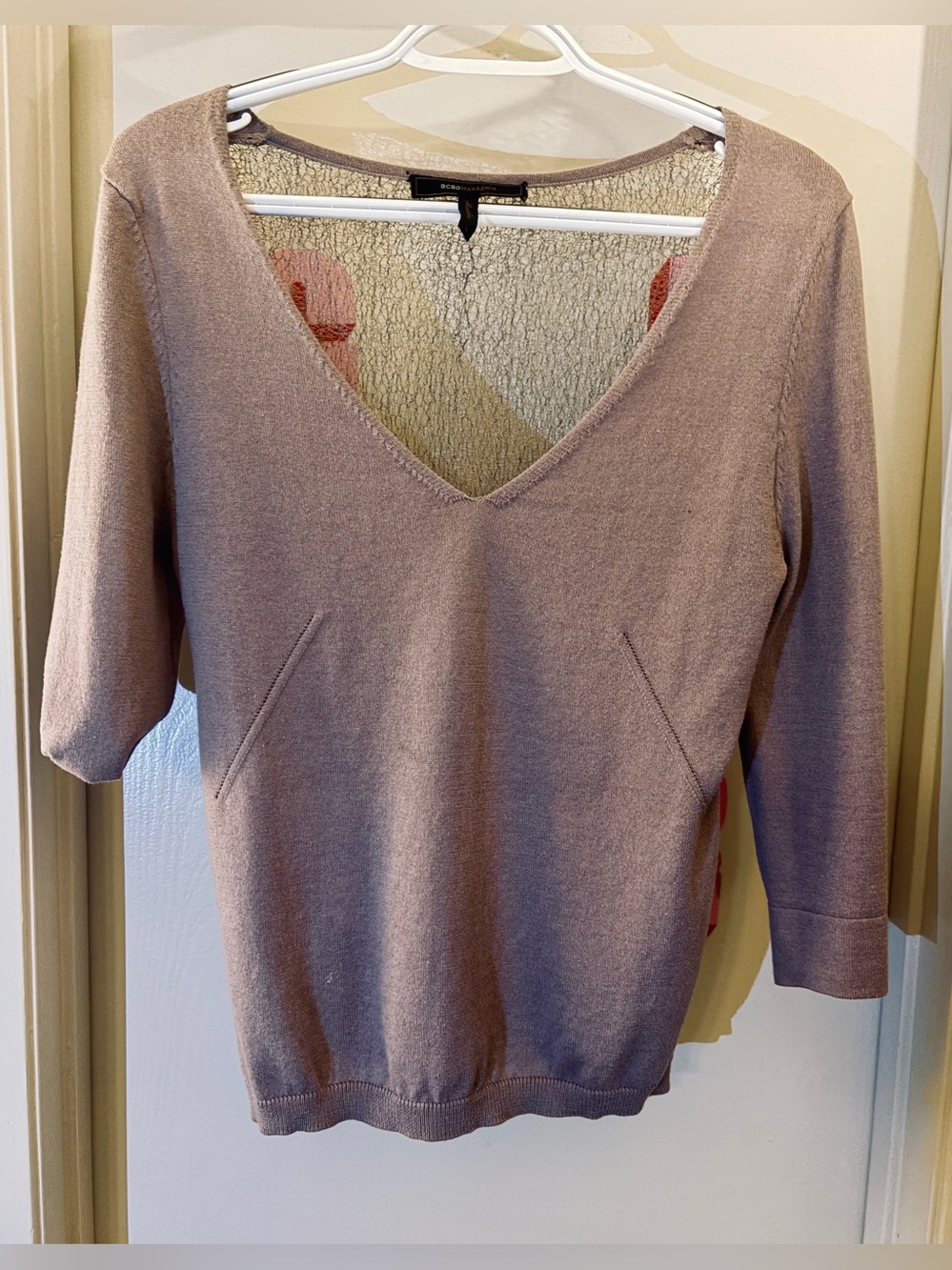 BCBGMaxAzria Taupe V‑Neck Sweater with Lace on back - large